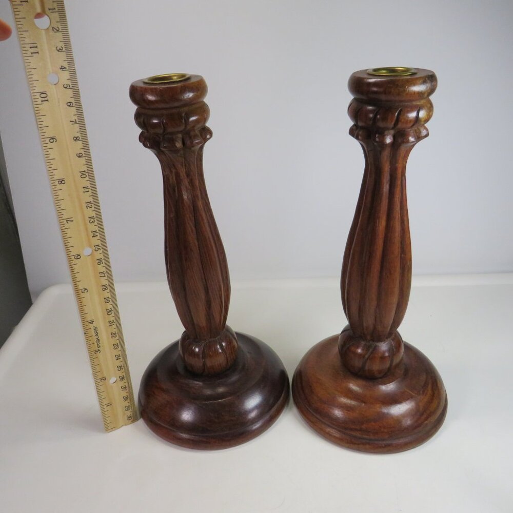 Vintage Real Wood Carved (2) Candlesticks 10" tall